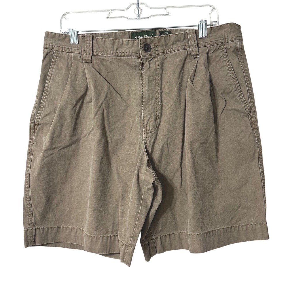 Eddie Bauer Chino Shorts Mens 35 Khaki Excellent Pleated Cotton Twill Casual